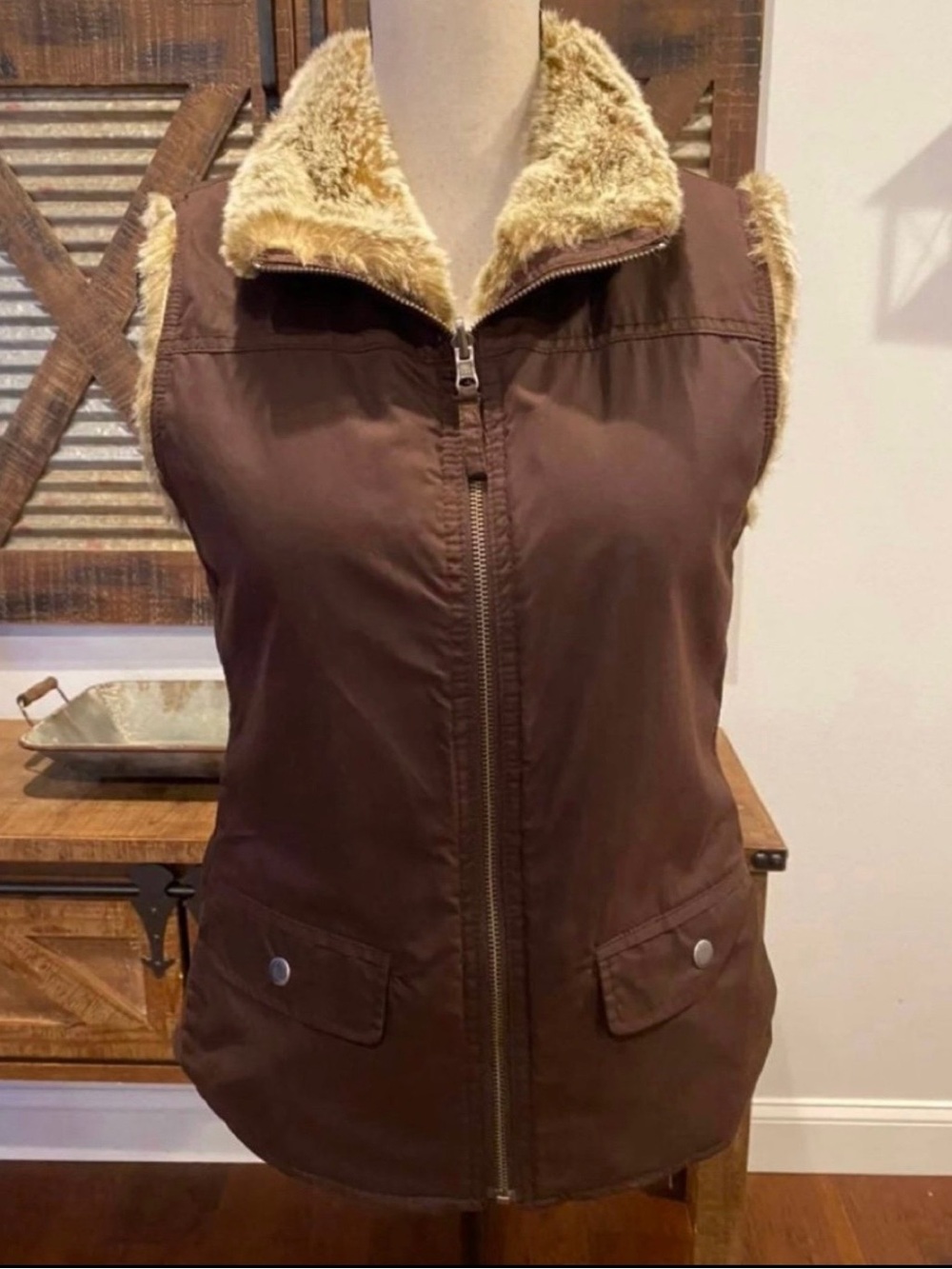 GAP Brown Faux-Fur Trim Vest